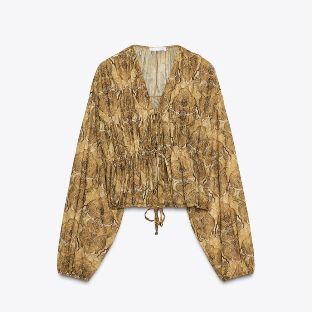 NWT ZARA Floral Sheer Patterned Tie-Front Blouse In Tan/Gold - S - Picture 5 of 11